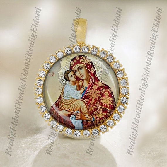 Mother Virgin Mary and Child Jesus Christian Greece Icon Eastern Orthodox Gold Medal Cabochon