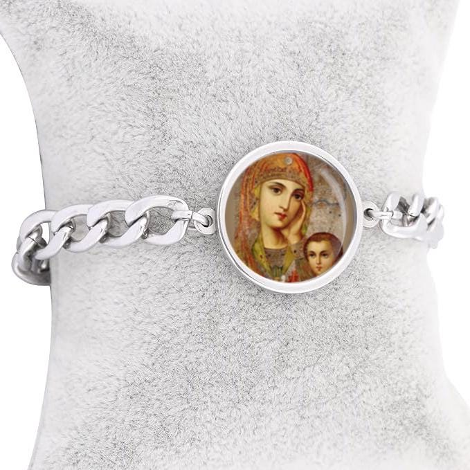 Our Lady Orthodox Icon Curb Bracelet Gold or Silver tone Religious Jewelry Simple Chain