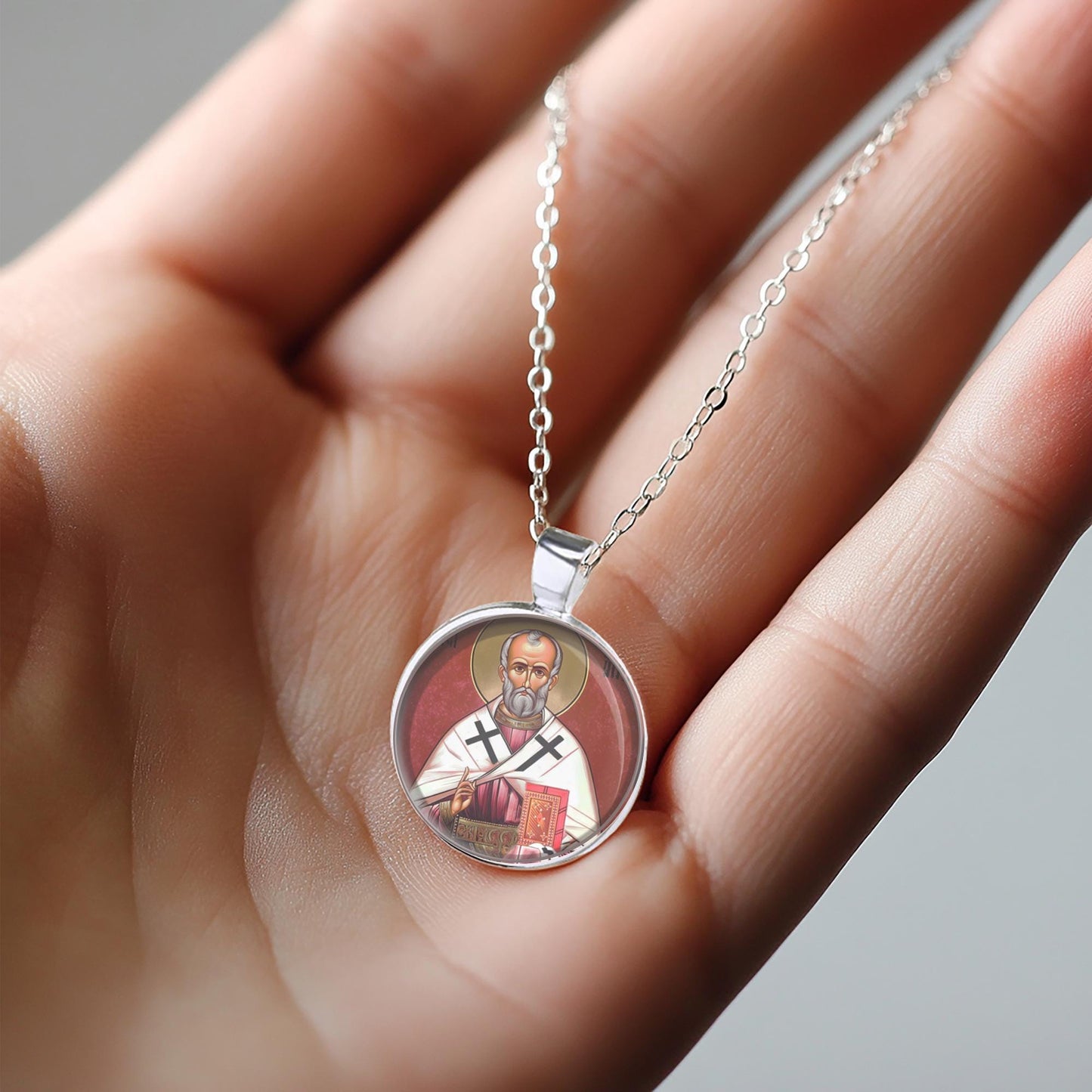 Saint Nicholas Necklace. Nikolaos of Myra Religious Jewelry Medal. Patron Round Medal Medallion.