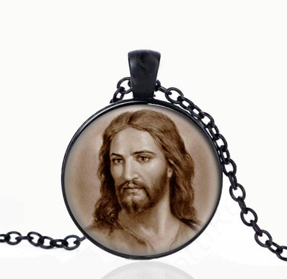 Jesus Christ Catholic Necklace. Black Pendant. Catholic Christian Pendant.