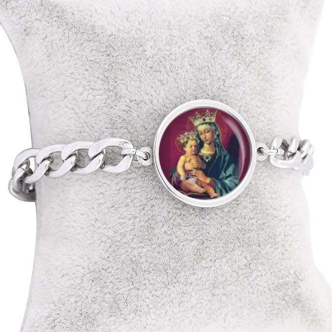 Our Lady Mary And Baby Curb Bracelet Gold or Silver tone Religious Jewelry Simple Chain