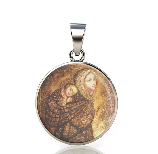 Our Lady Babywearing, Mother And Child 925 Sterling Silver Round Pendant Christian Religious Medal Small 20mm