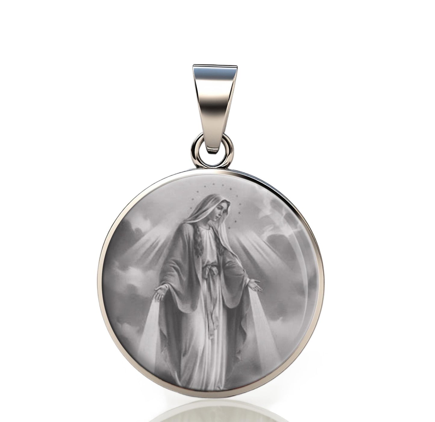 Our Lady Miraculous Black And White 925 Sterling Silver Round Pendant Christian Religious Medal Small 20mm