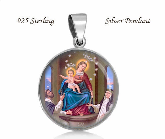 Our Lady of Pompeii Pendant. Virgin Mary Sterling Silver 925 Pendant 20mm