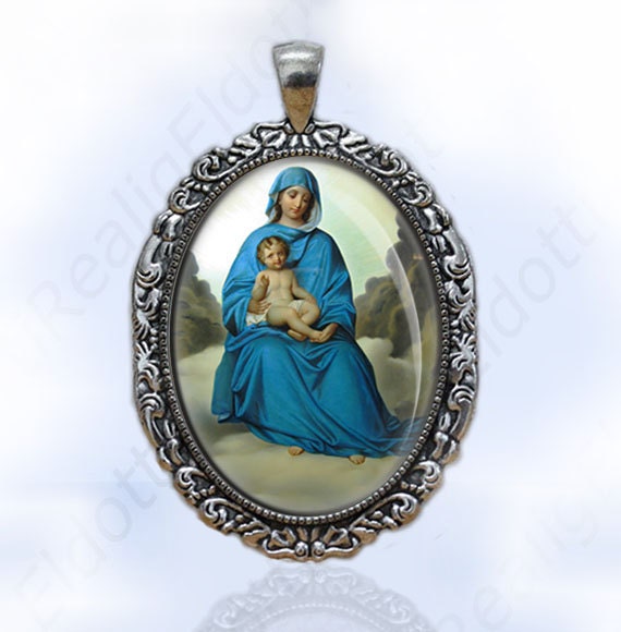Blessed Virgin Mary in Blue w Baby Jesus - Catholic Christian Medal Pendant Antique Silver Large