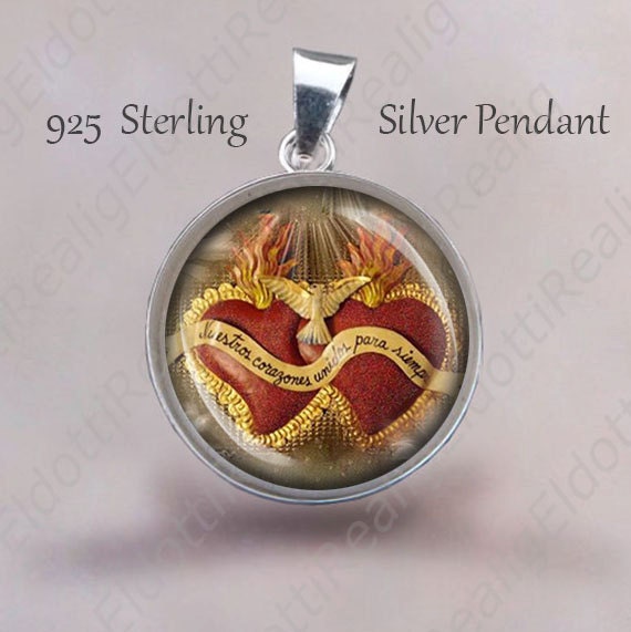 Holy Ghost, Mary and Jesus Sacred Heart - Christian Religious Christian Medal. 925 Sterling Silver Pendant for Necklace