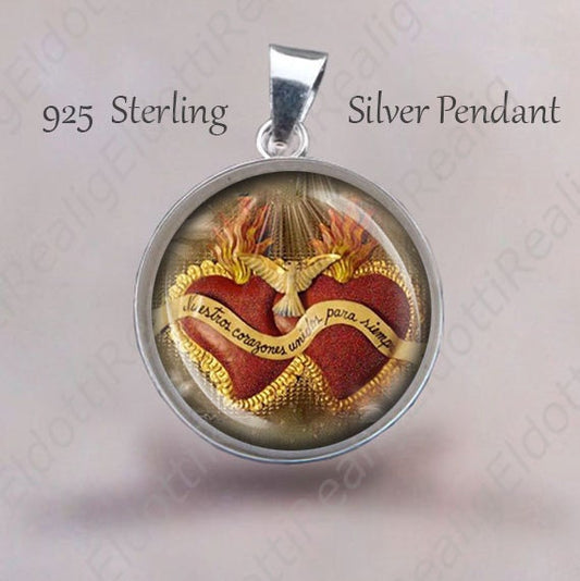 Holy Ghost, Mary and Jesus Sacred Heart - Christian Religious Christian Medal. 925 Sterling Silver Pendant for Necklace
