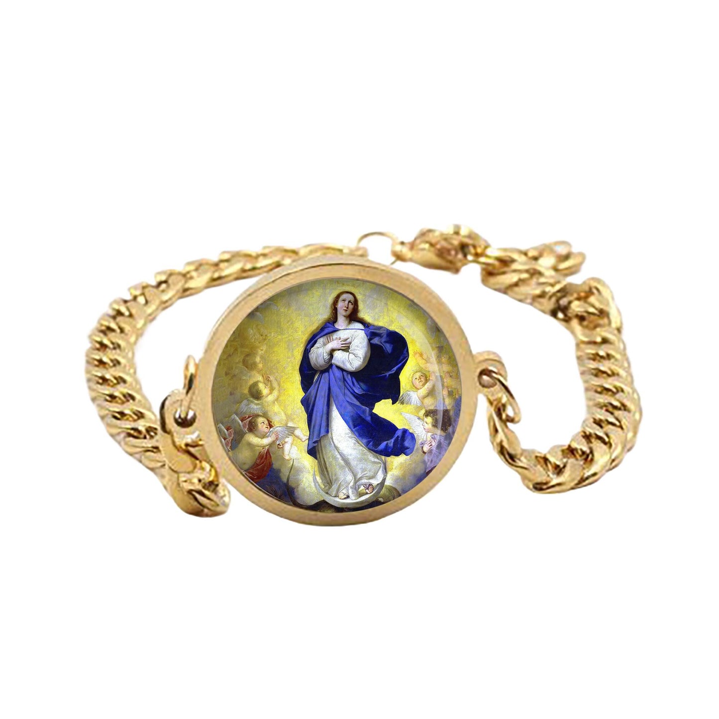 Our Lady Assumption Mary Curb Bracelet Gold or Silver tone Religious Jewelry Simple Chain