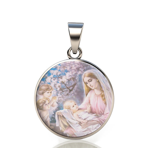 Our Lady Mary 925 Sterling Silver Round Pendant I Christian Religious Medal Small 20mm