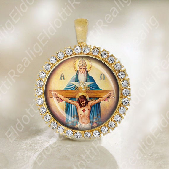 HOLY TRINITY Gold Tone Pendant. Holy Spirit, Eucharist and Father Catholic Medal. Religious Christian Medal.