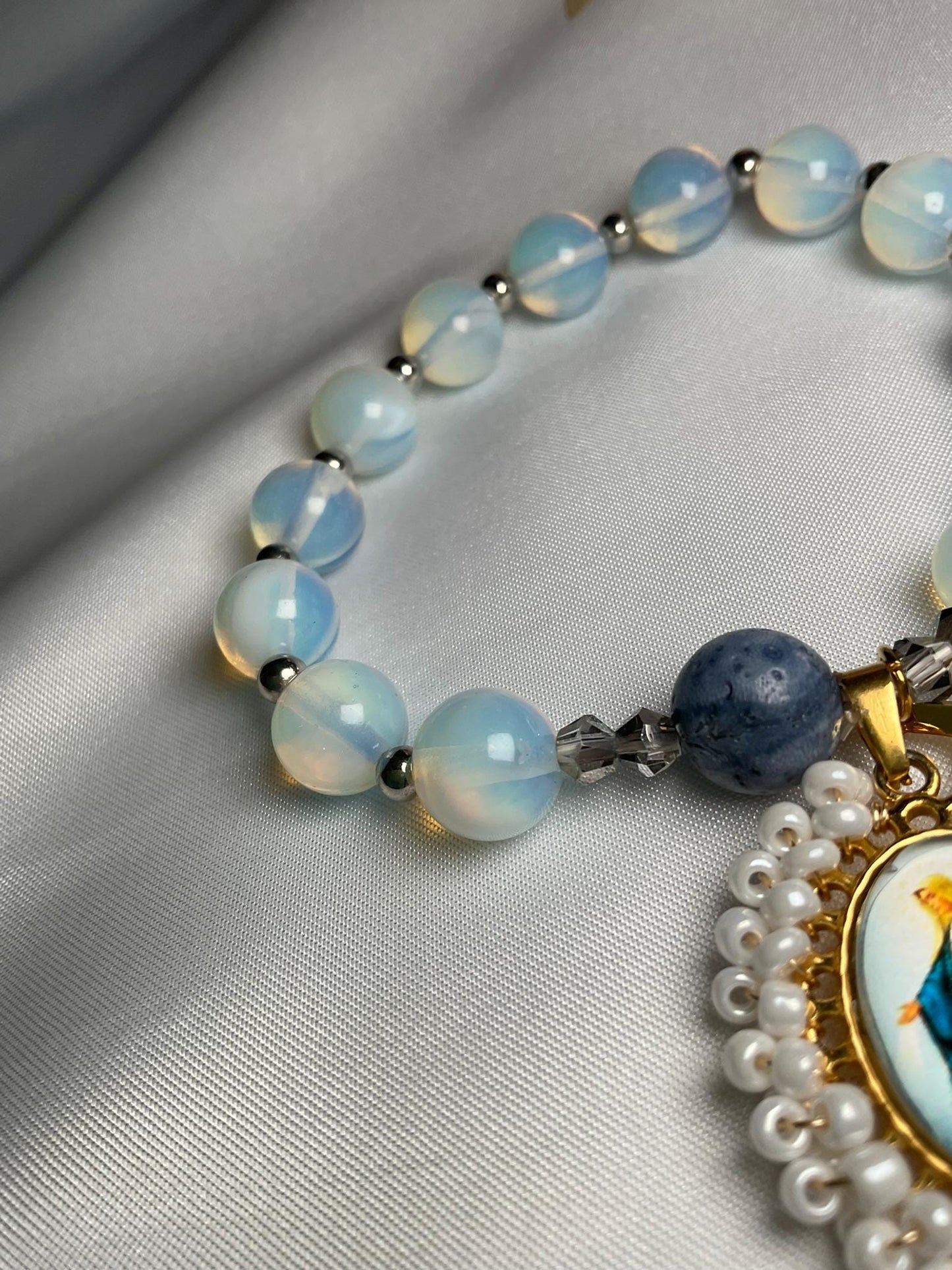 Rosary bracelet Decade Catholic Our Lady of Grace medal and Cross - Blue Coral and Opalite Beads
