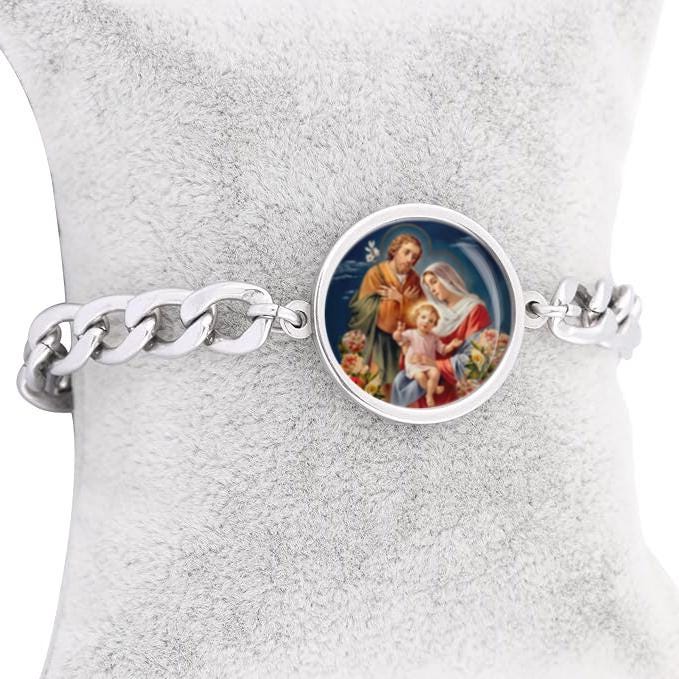 Holy Family Curb Bracelet Gold or Silver tone Religious Jewelry Simple Chain
