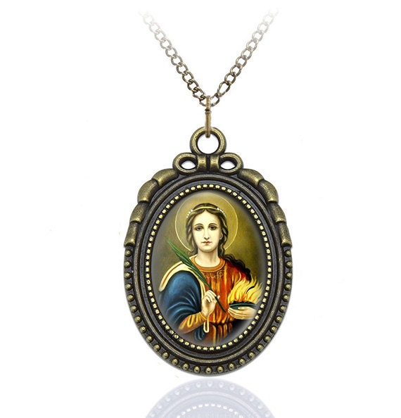 St. Agatha Necklace Catholic Religious Jewelry Medal Pendant Brass Oval Charm Style