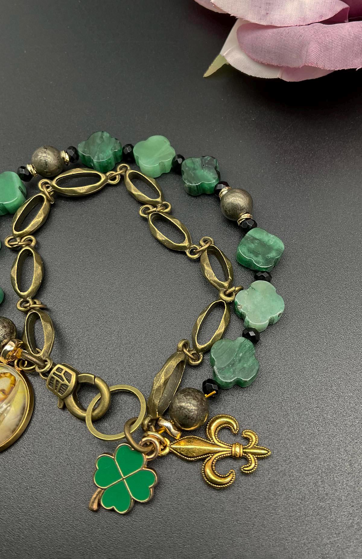 St Dymphna Catholic Bracelet with Emerald Clover Beads Fleur-de-lis