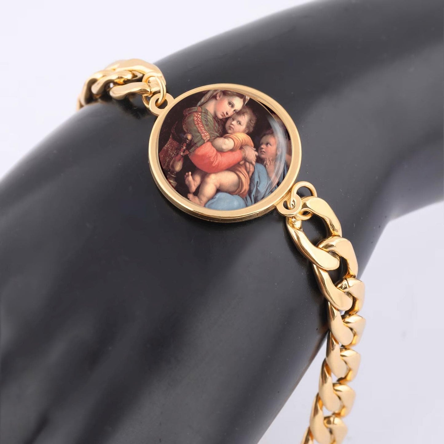 Our Lady Madonna Sistine Curb Bracelet Gold or Silver tone Religious Jewelry Simple Chain