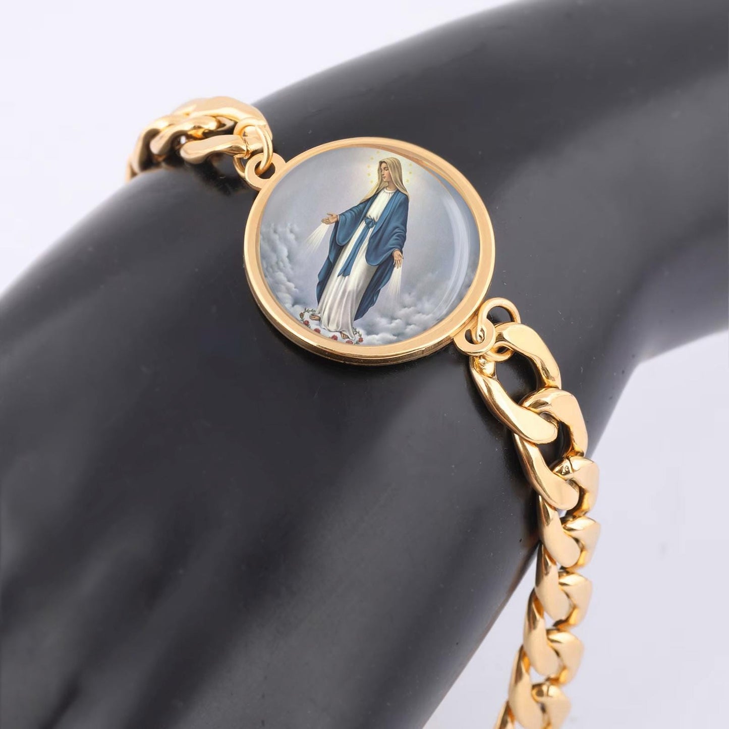 Our Lady Grace Curb Bracelet Gold or Silver tone Religious Jewelry Simple Chain