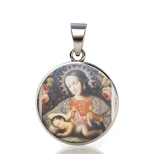 Our Lady Mary Veil Jesus 925 Sterling Silver Round Pendant Christian Religious Medal Small 20mm