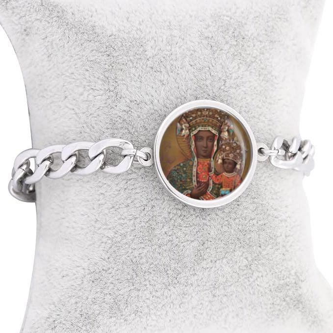 Our Lady Czestochowa Curb Bracelet Gold or Silver tone Religious Jewelry Simple Chain