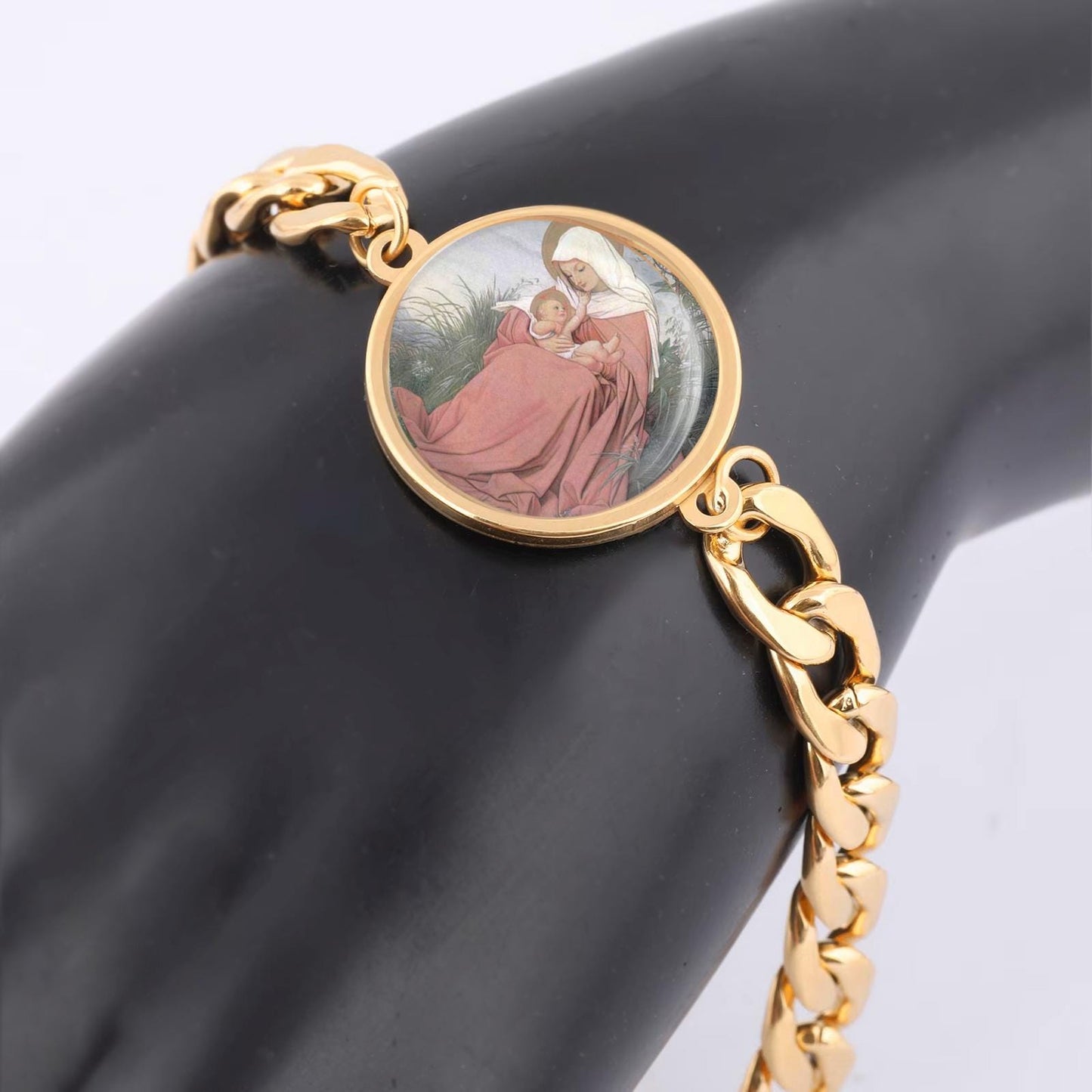 Our Lady Joy Curb Bracelet Gold or Silver tone Religious Jewelry Simple Chain