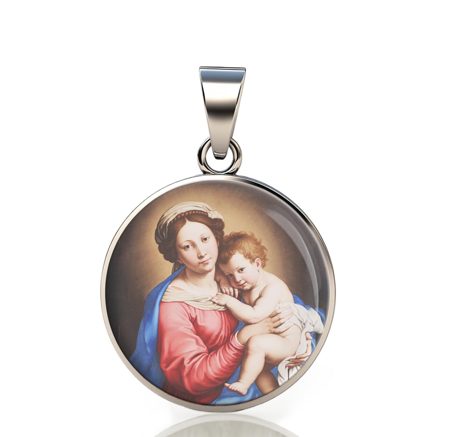 Our Lady Mother Mary And Baby 925 Sterling Silver Round Pendant Christian Religious Medal Small 20mm