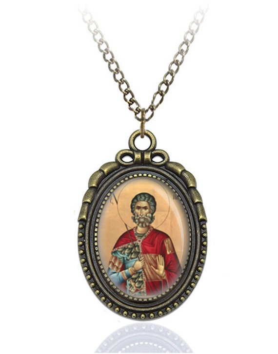 Saint Menas Mina, Minas, Mena Martyr and Wonder Worker Orthodox Egyptian Saint Necklace Bronze Oval Medal