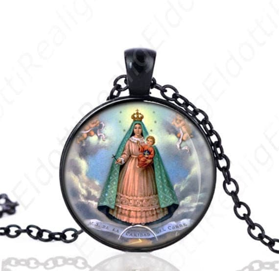 Virgin Mary Charity Our Lady of El Cobre Black Necklace Catholic Medal Pendant Chain