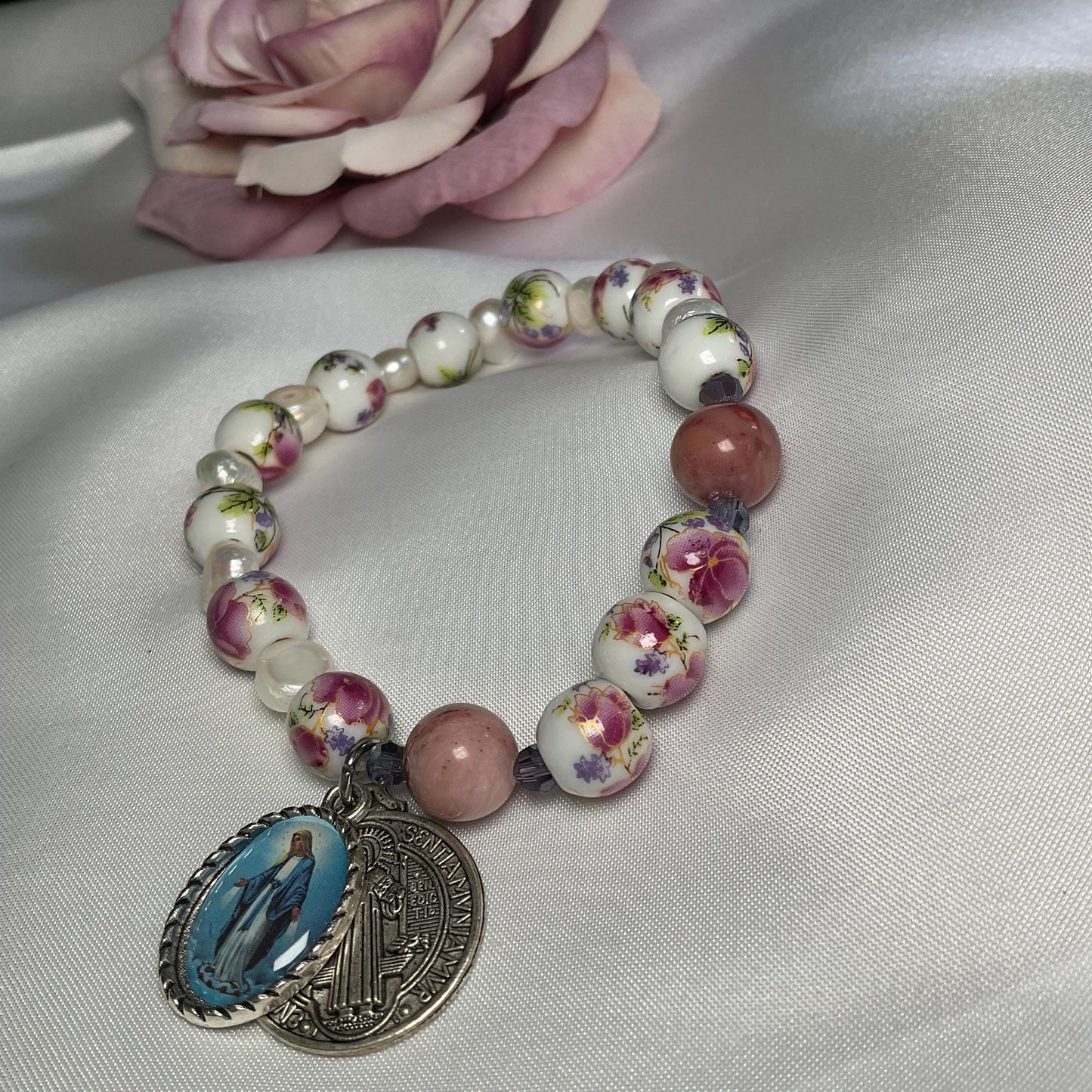 Decade Catholic rosary bracelet Our Lady of Grace medal, St Benedict Charm | Ceramic Beads and Pearls | Catholic gift | Catholic jewelry