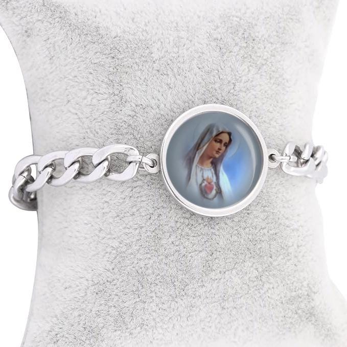 Our Lady Fatima Blue Curb Bracelet Gold or Silver tone Religious Jewelry Simple Chain