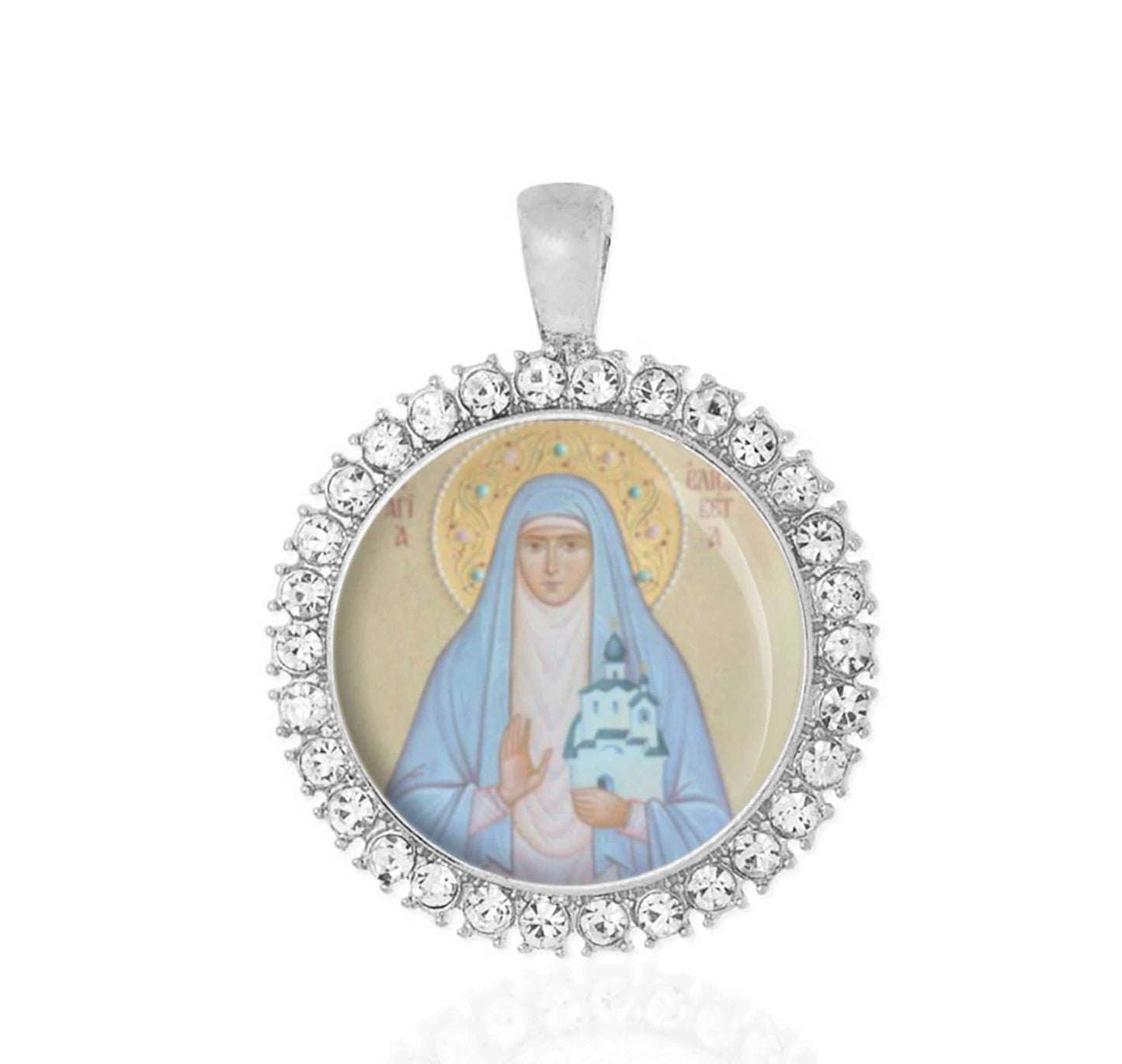 St Elizabeth of Russia Pendant with Rhinestones | Religious Medal Round for Necklace