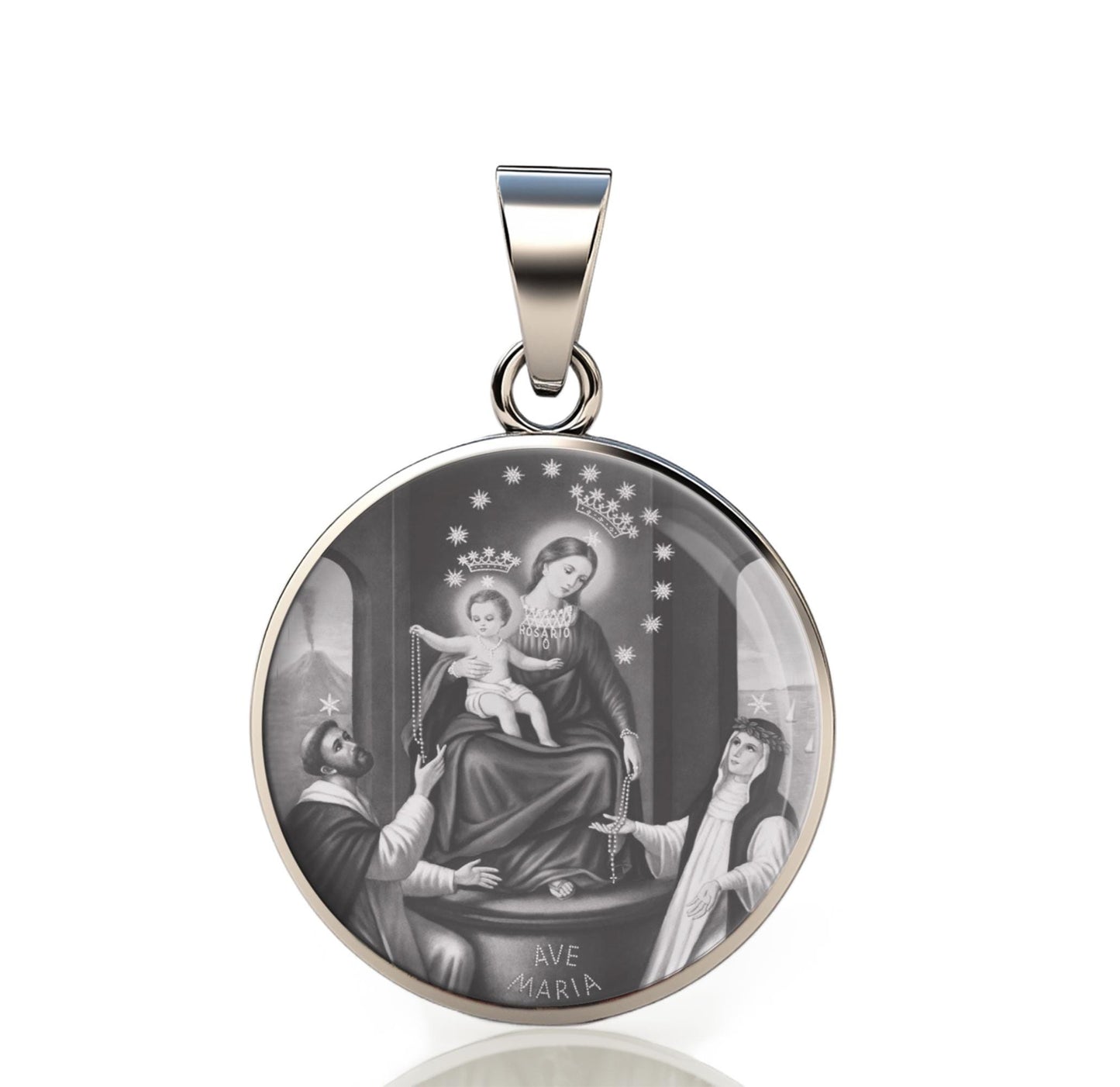 Our Lady Pompeya 925 Sterling Silver Round Pendant Christian Religious Medal Small 20mm