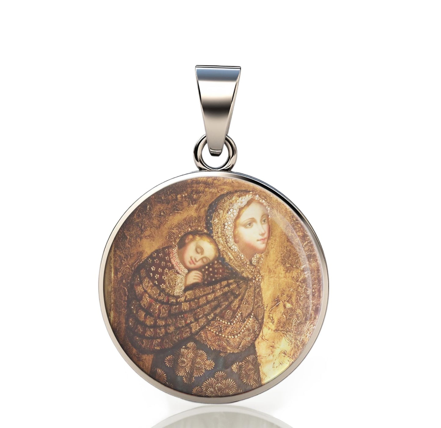 Our Lady Babywearing, Mother And Child 925 Sterling Silver Round Pendant Christian Religious Medal Small 20mm