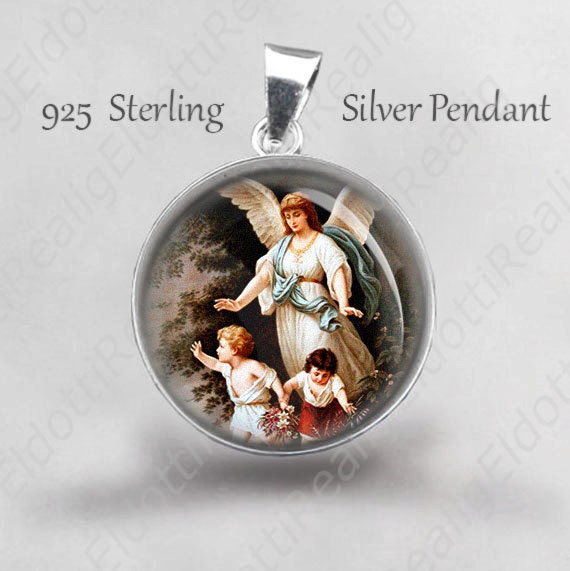 My GUARDIAN Angel Religious Christian Medal. Sterling Silver 925 Angel with Child Pendant 20mm Jewelry Protection