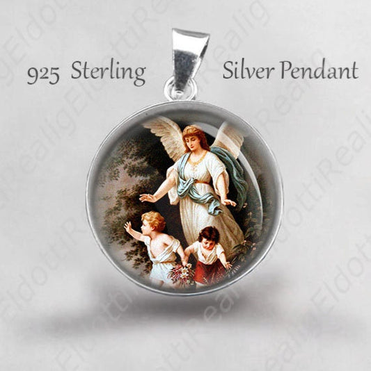 My GUARDIAN Angel Religious Christian Medal. Sterling Silver 925 Angel with Child Pendant 20mm Jewelry Protection