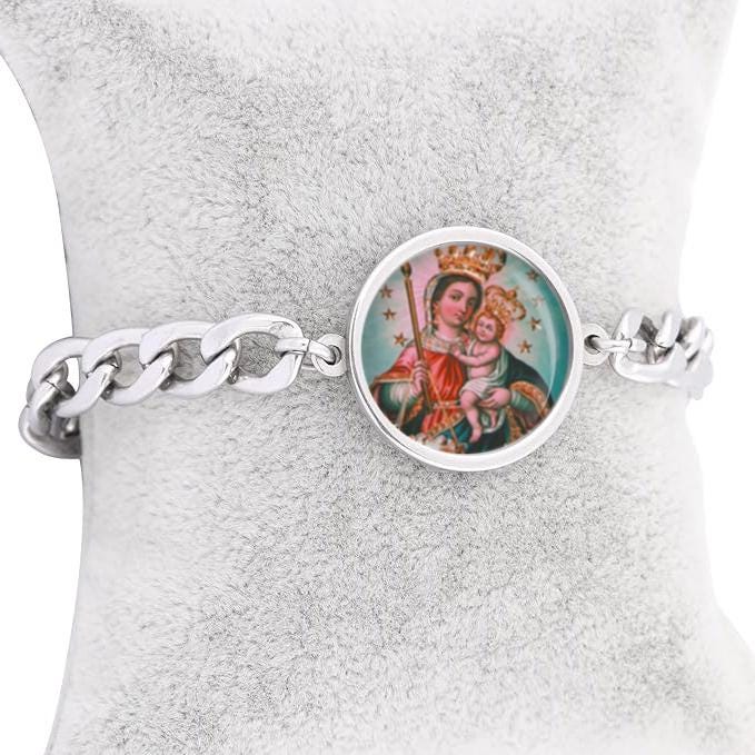 Our Lady Candelaria Mary Curb Bracelet Gold or Silver tone Religious Jewelry Simple Chain