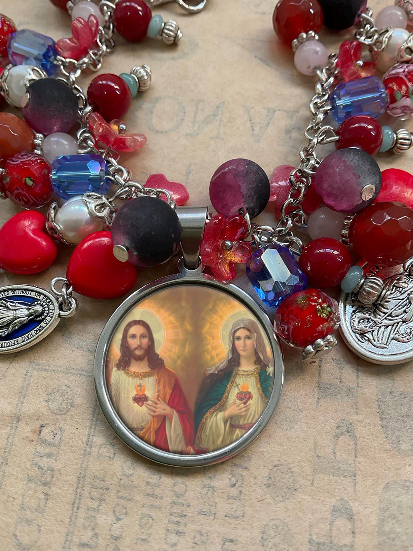 Immaculate Mary and Sacred Heart Jesus Catholic Religious Handmade Bracelet with Gemstones