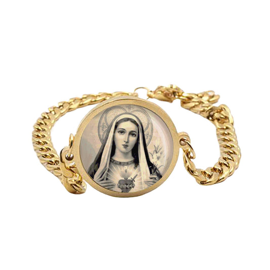 Our Lady Immaculate Heart Of Mary Curb Bracelet Gold or Silver tone Religious Jewelry Simple Chain