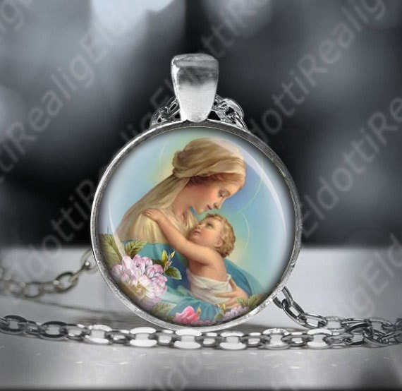 Our Blessed Lady Virgin Mary and Baby Jesus Catholic Necklace Religious Medal. Mother Mary Pendant Jewelry.