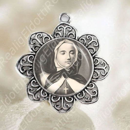 St Marguerite Bourgeoys Medal Flower Shaped Silver Tone Catholic Jewelry
