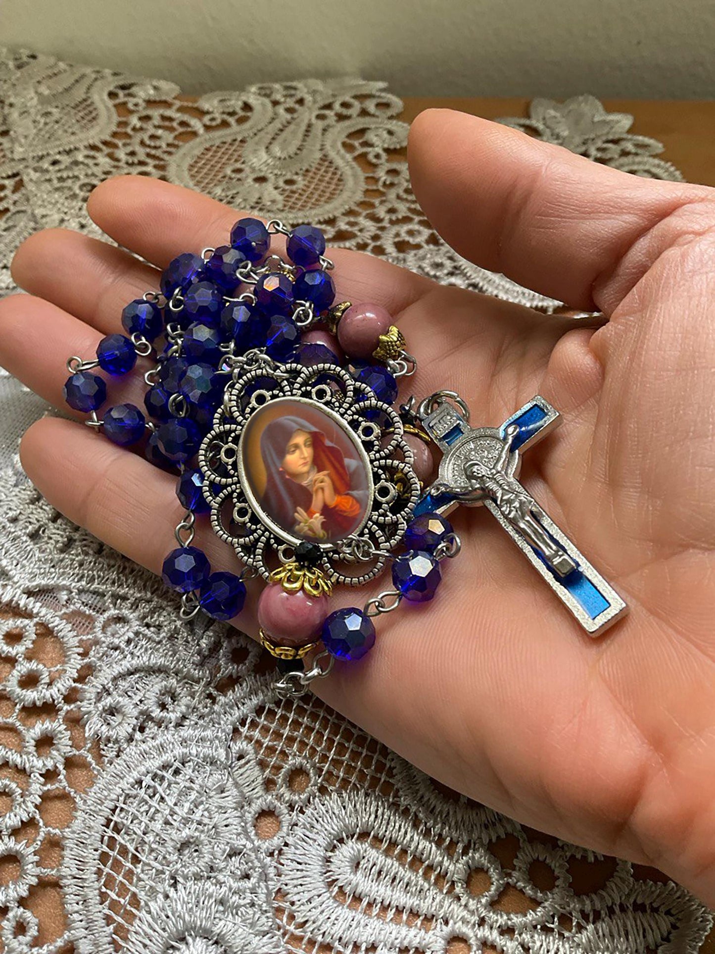 Our Lady of Sorrows Rosary - Virgin Mary Handmade Rosary Gemstones Rhodonite
