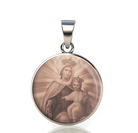 Our Lady Carmel II 925 Sterling Silver Round Pendant Christian Religious Medal Small 20mm