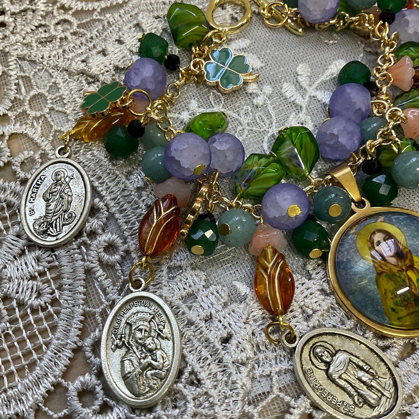 St Dymphna Catholic Bracelet | Aquamarine, Czech Glass beads | Religious Handmade Beaded Bracelet - Custom Size Available!