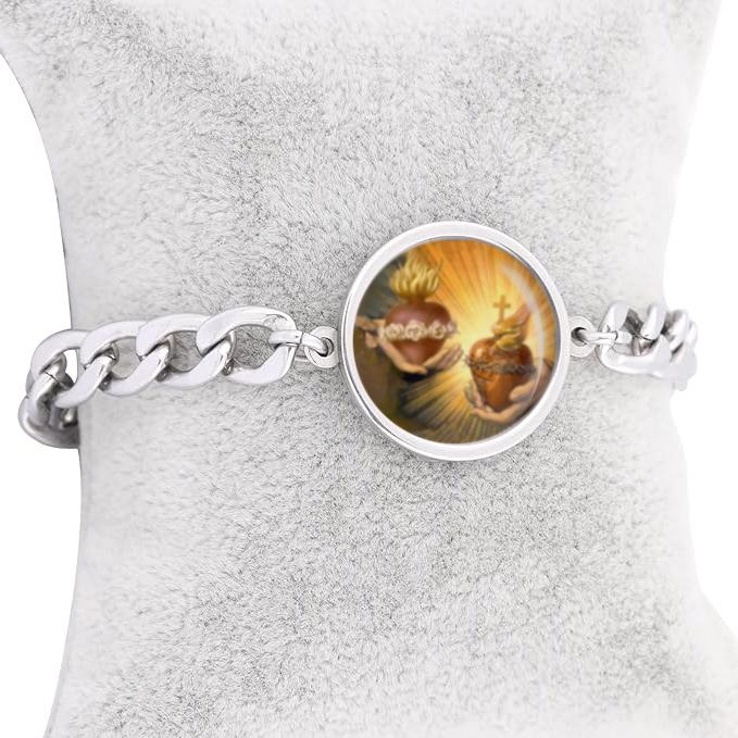Mary Immaculate And Sacred Heart Jesus Curb Bracelet Gold or Silver tone Religious Jewelry Simple Chain