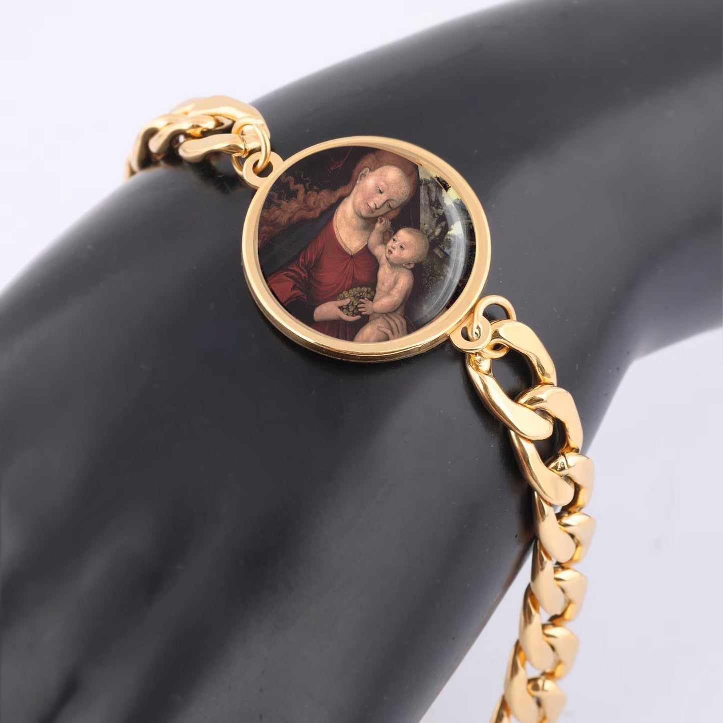 Our Lady Grapes Curb Bracelet Gold or Silver tone Religious Jewelry Simple Chain