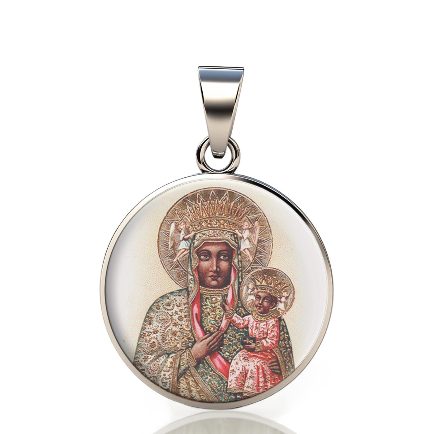 Our Lady Czestochowa 925 Sterling Silver Round Pendant Christian  Medal Small 20mm