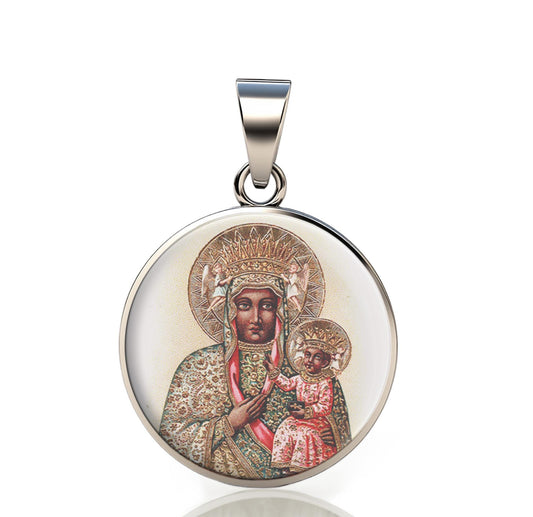 Our Lady Czestochowa 925 Sterling Silver Round Pendant Christian  Medal Small 20mm