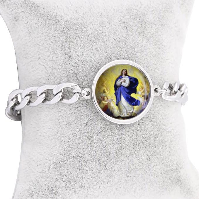 Our Lady Assumption Mary Curb Bracelet Gold or Silver tone Religious Jewelry Simple Chain