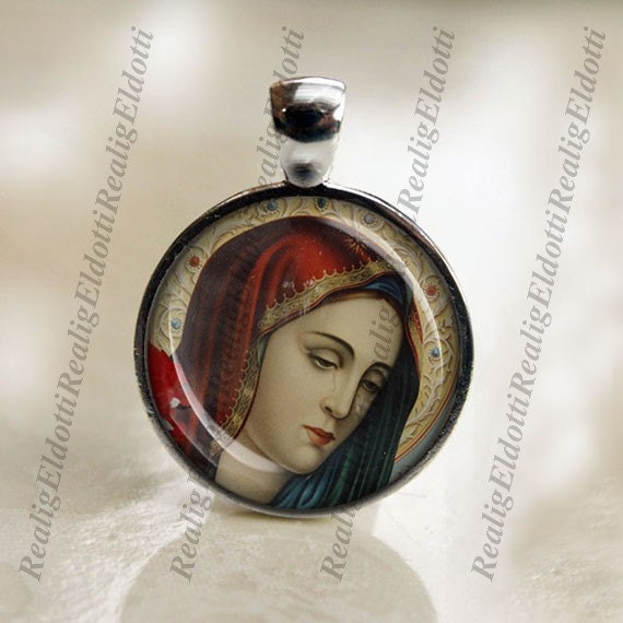 Virgin Mary Our Lady of Sorrows Christian Silvertone Medal Pendant Jewelry