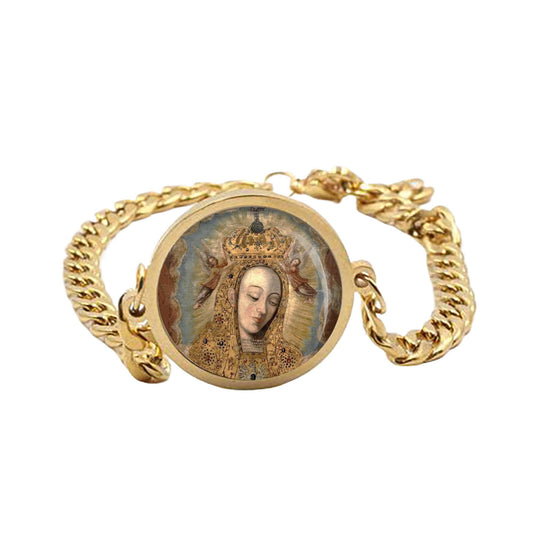 Our Lady Poland Curb Bracelet Gold or Silver tone Religious Jewelry Simple Chain