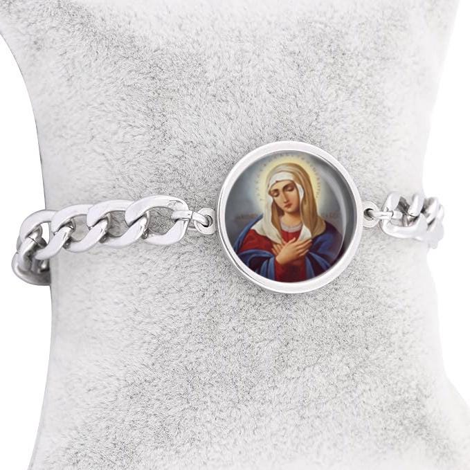 Our Lady Sorrowful Mother Curb Bracelet Gold or Silver tone Religious Jewelry Simple Chain
