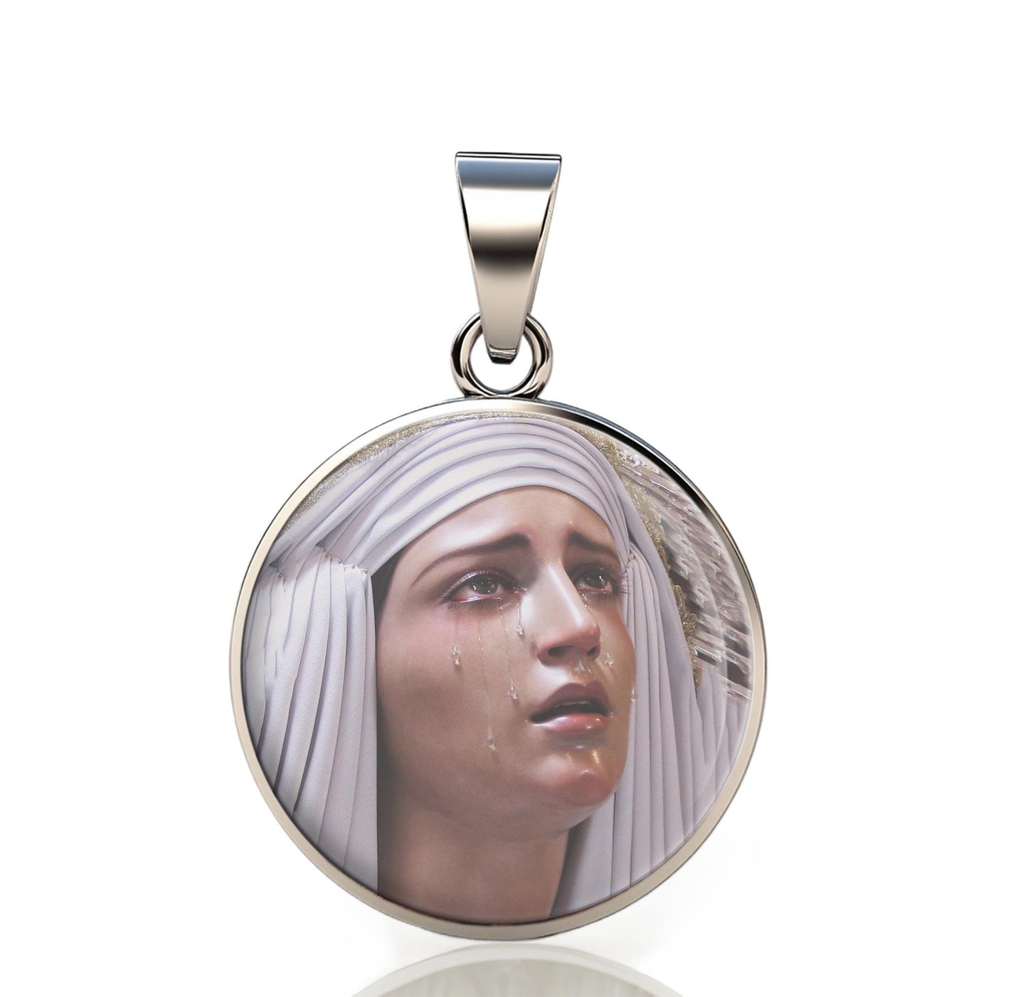 Our Lady Tears Sorrowful Mother Mary 925 Sterling Silver Round Pendant Christian Religious Medal Small 20mm